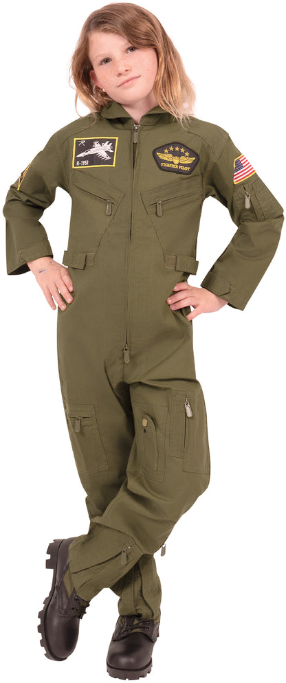 Olive Drab - Kids Top Gun Flight Coveralls with Patches