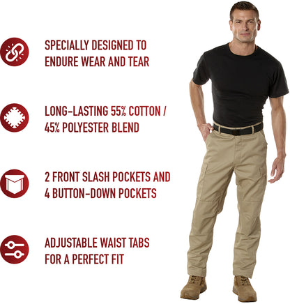 Khaki - Tactical BDU Pants Cargo Fatigues - Poly/Cotton Twill - Button Fly