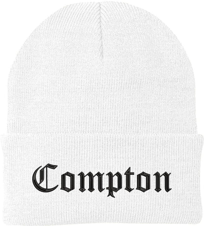 Compton Embroidered Beanie Knit Watch Skull Cap with Old English Letters | Warm Winter Hat