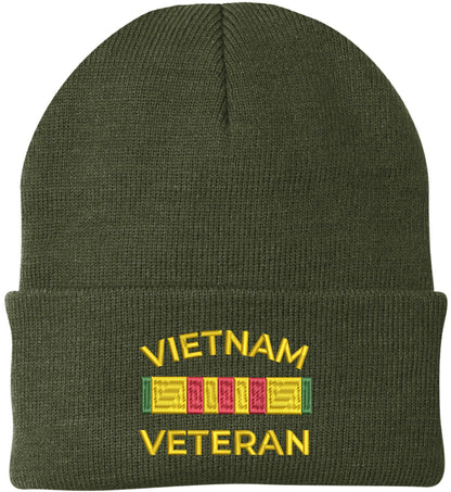 Vietnam Veteran Ribbon Embroidered Beanie - Military Service & Veterans Day Gift for Men & Women - 100% Acrylic Knit Cap