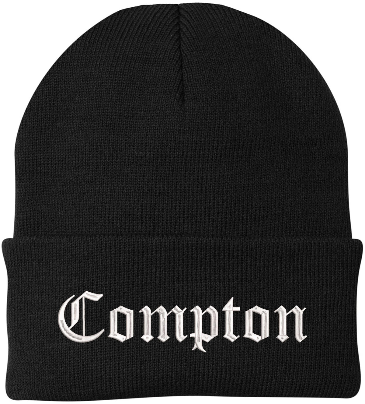Compton Embroidered Beanie Knit Watch Skull Cap with Old English Letters | Warm Winter Hat