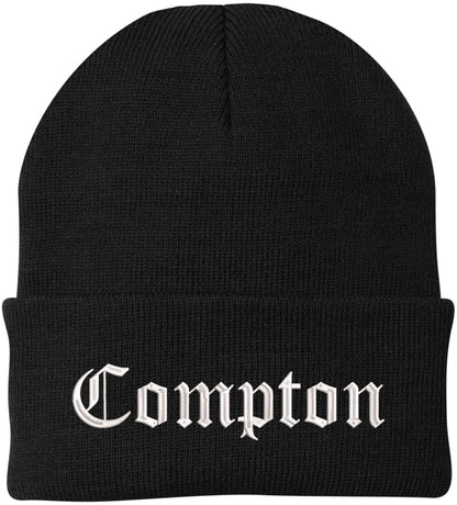 Compton Embroidered Beanie Knit Watch Skull Cap with Old English Letters | Warm Winter Hat