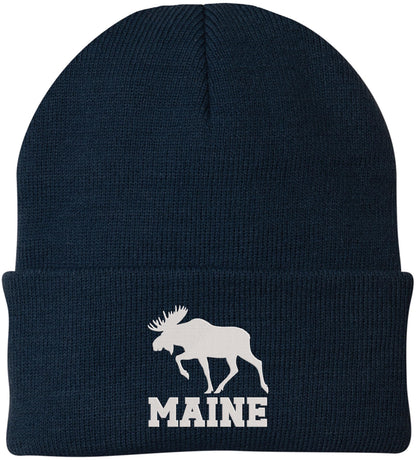 Maine Moose Embroidered Beanie Cap | USA Wildlife Graphic Warm Winter Knit 100% Acrylic Outdoor Adventure Hat