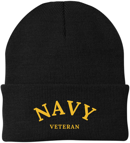 Navy Veteran Embroidered Beanie Hat | USA Military Patriotic 100% Acrylic Winter Knit Cap for Men & Women