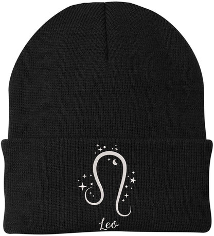 Zodiac Signs Embroidered Beanie | Acrylic Warm Skull Astrology Horoscope Monthly Symbols Designs Watch Cap, Black