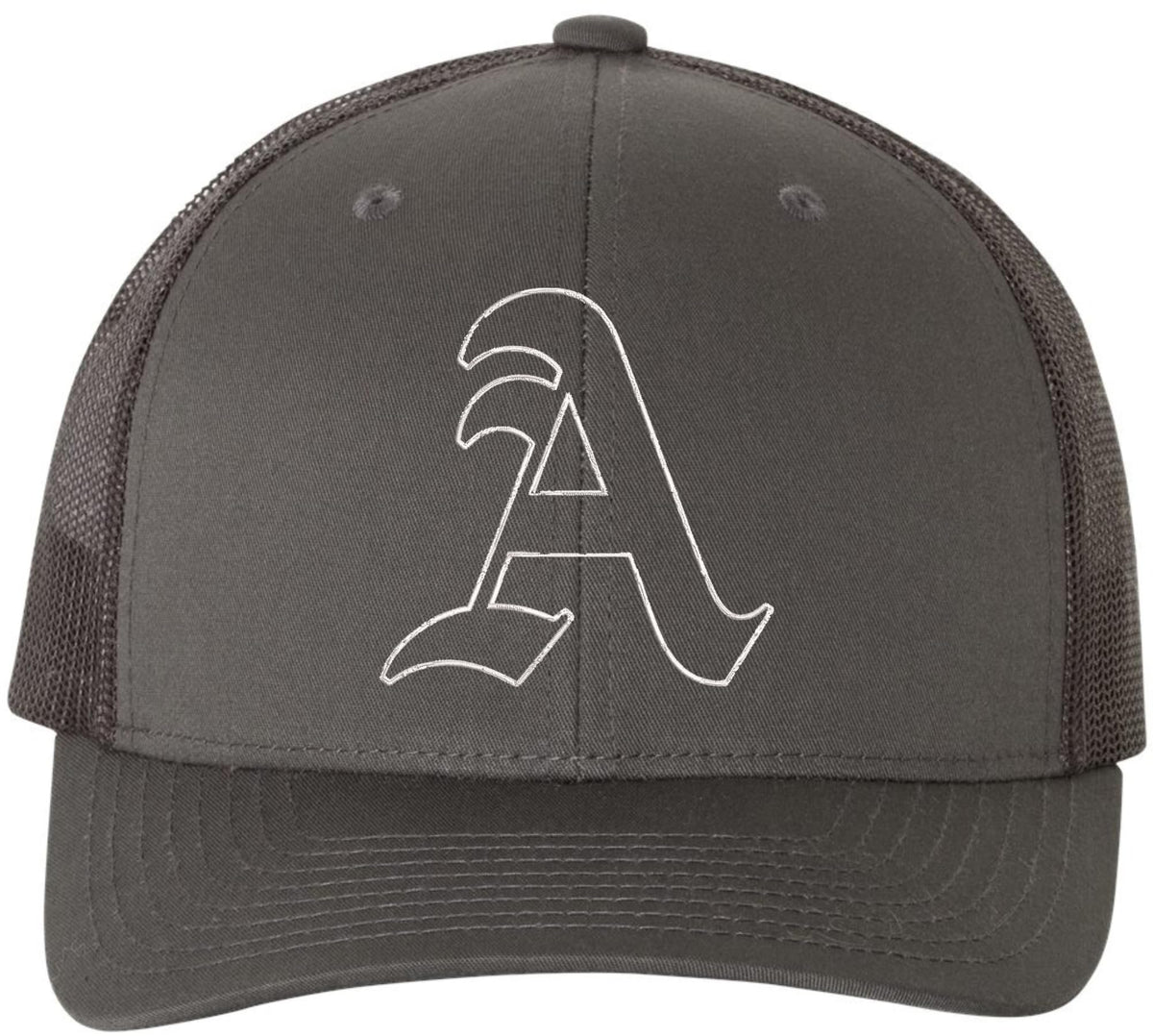 Classic A Letter Embroidered Trucker Hat | Old English Alphabet Adjustable Snapback Unisex Casual Meshback Cap