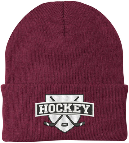 Hockey Embroidered Beanie | Winter Knit Skull Cap with Hockey Graphic | Warm Cuffed Hat for Men & Women