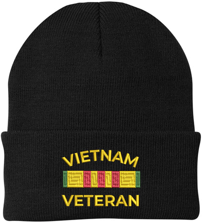 Vietnam Veteran Ribbon Embroidered Beanie - Military Service & Veterans Day Gift for Men & Women - 100% Acrylic Knit Cap