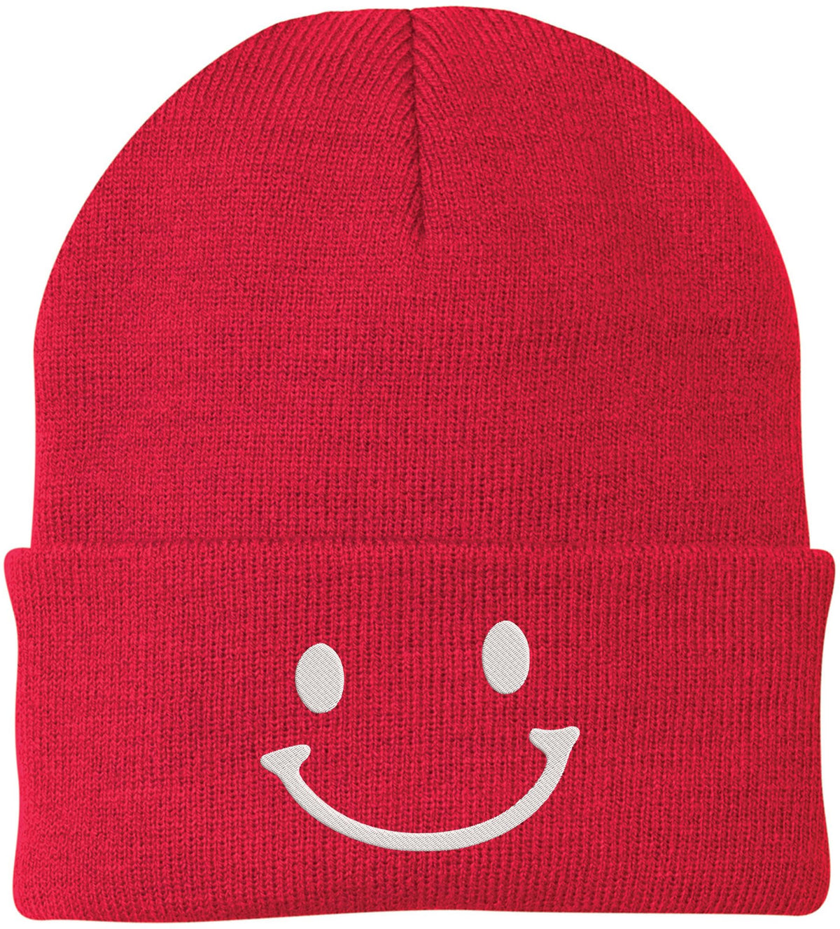 Smiley Face Outline Embroidered Beanie | Cute Knit Winter Hat | Unisex Warm Cuff Skull Cap for Men & Women