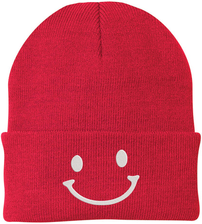 Smiley Face Outline Embroidered Beanie | Cute Knit Winter Hat | Unisex Warm Cuff Skull Cap for Men & Women