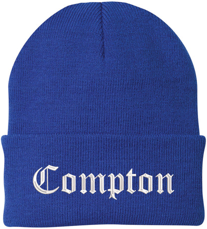 Compton Embroidered Beanie Knit Watch Skull Cap with Old English Letters | Warm Winter Hat