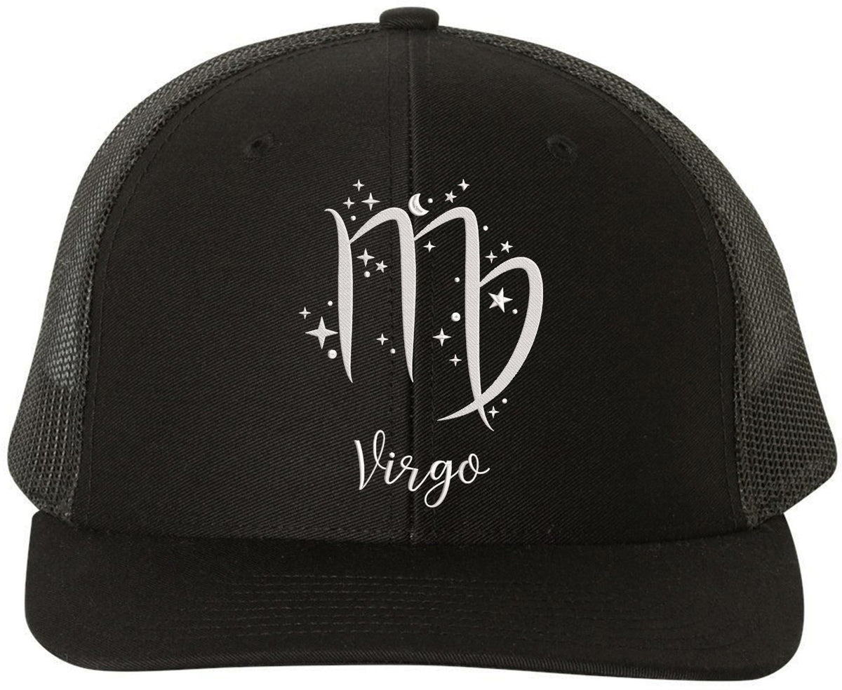 Zodiac Signs Embroidered Trucker Hat | Adjustable Snapback Astrology Horoscope Monthly Symbols Designs Mesh Cap, Black
