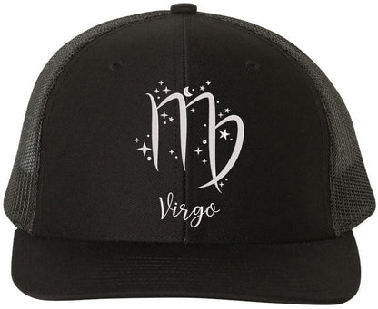 Zodiac Signs Embroidered Trucker Hat | Adjustable Snapback Astrology Horoscope Monthly Symbols Designs Mesh Cap, Black