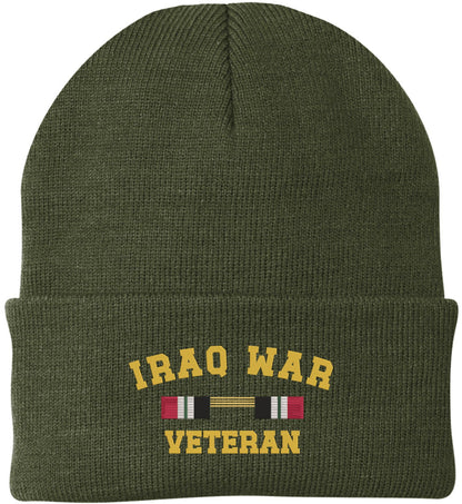 Iraq War Veteran Campaign Ribbon Embroidered Beanie Hat | USA Military Patriotic 100% Acrylic Skull Cap