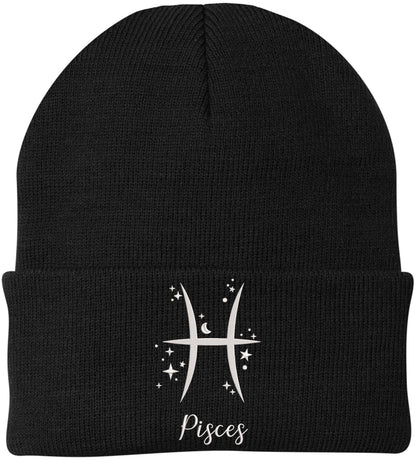 Zodiac Signs Embroidered Beanie | Acrylic Warm Skull Astrology Horoscope Monthly Symbols Designs Watch Cap, Black