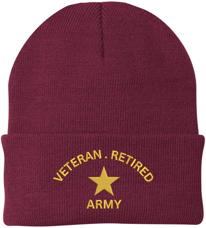 Veteran Retired Army Embroidered Beanie - 100% Acrylic Knit Cuffed Cap