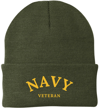 Navy Veteran Embroidered Beanie Hat | USA Military Patriotic 100% Acrylic Winter Knit Cap for Men & Women