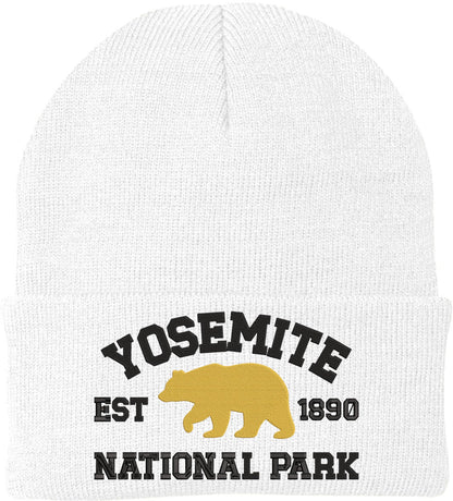 Yosemite National Park Embroidered Beanie | Bear Logo Winter Knit 100% Acrylic Hat for Hiking Camping