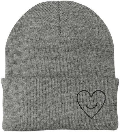 Heart Smiley Face Love Embroidered Beanie - Acrylic Knit Skull Cap