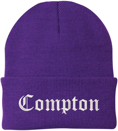 Compton Embroidered Beanie Knit Watch Skull Cap with Old English Letters | Warm Winter Hat