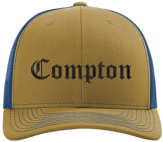 Compton Old English Embroidered Trucker Hat | Classic Deluxe Snapback Mesh Snapback Cap