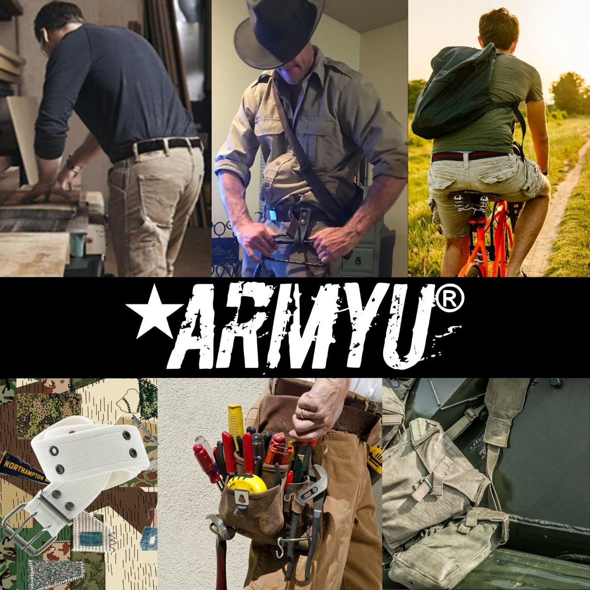 ARMYU Military Web Belt Reversible Cotton Canvas Army Camo & Solid Belts with Black Buckle 54"