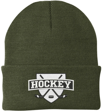 Hockey Embroidered Beanie | Winter Knit Skull Cap with Hockey Graphic | Warm Cuffed Hat for Men & Women