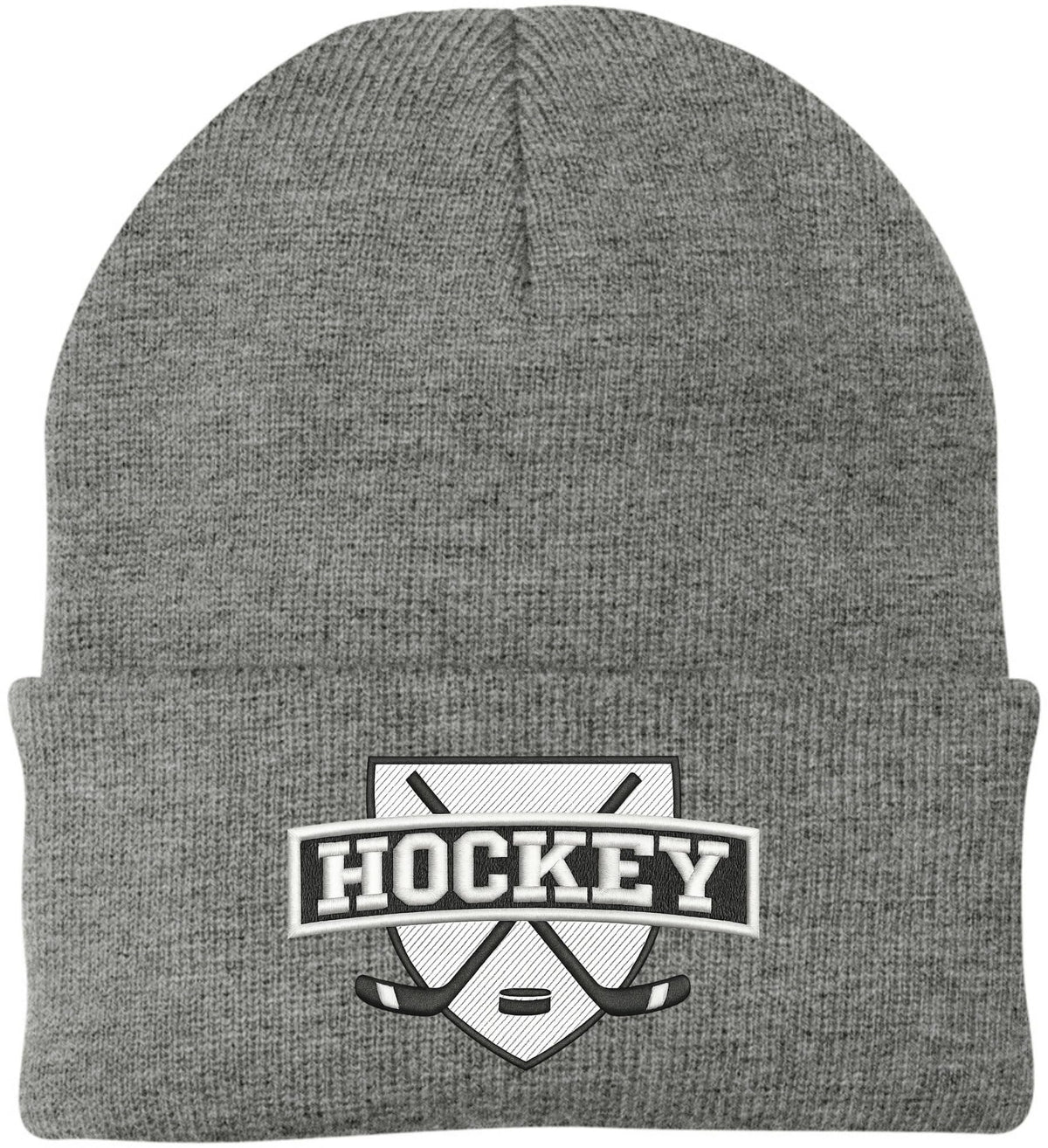 Hockey Embroidered Beanie | Winter Knit Skull Cap with Hockey Graphic | Warm Cuffed Hat for Men & Women