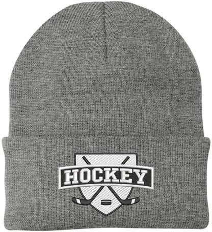 Hockey Embroidered Beanie | Winter Knit Skull Cap with Hockey Graphic | Warm Cuffed Hat for Men & Women