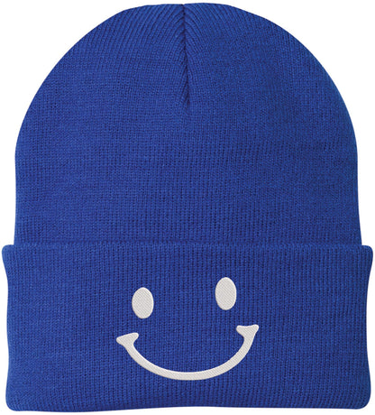 Smiley Face Outline Embroidered Beanie | Cute Knit Winter Hat | Unisex Warm Cuff Skull Cap for Men & Women