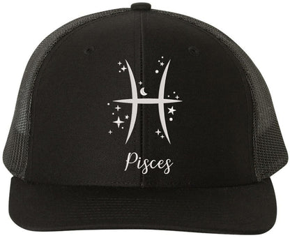 Zodiac Signs Embroidered Trucker Hat | Adjustable Snapback Astrology Horoscope Monthly Symbols Designs Mesh Cap, Black