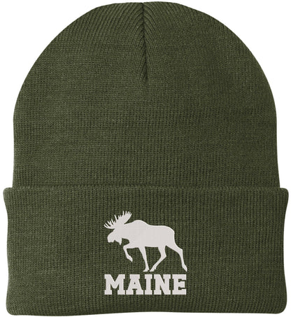 Maine Moose Embroidered Beanie Cap | USA Wildlife Graphic Warm Winter Knit 100% Acrylic Outdoor Adventure Hat