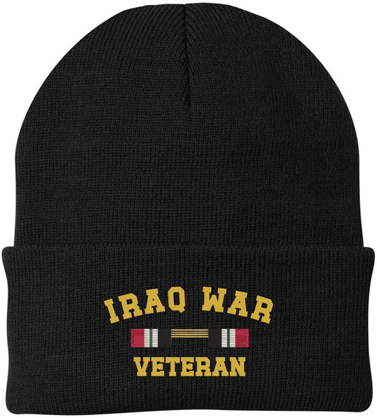 Iraq War Veteran Campaign Ribbon Embroidered Beanie Hat | USA Military Patriotic 100% Acrylic Skull Cap