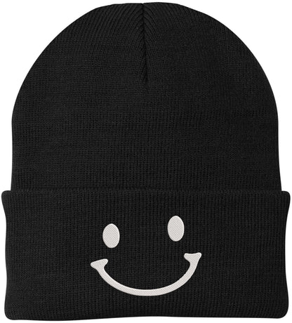 Smiley Face Outline Embroidered Beanie | Cute Knit Winter Hat | Unisex Warm Cuff Skull Cap for Men & Women