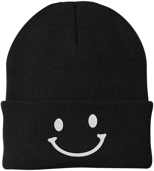 Smiley Face Outline Embroidered Beanie | Cute Knit Winter Hat | Unisex Warm Cuff Skull Cap for Men & Women
