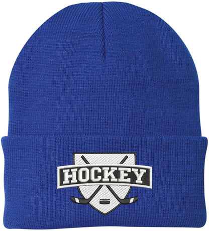 Hockey Embroidered Beanie | Winter Knit Skull Cap with Hockey Graphic | Warm Cuffed Hat for Men & Women