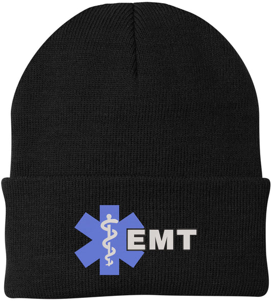 EMT Star of Life Embroidered Beanie Watch Cap | Acrylic Winter Knit Hat for EMS AMBU Paramedic