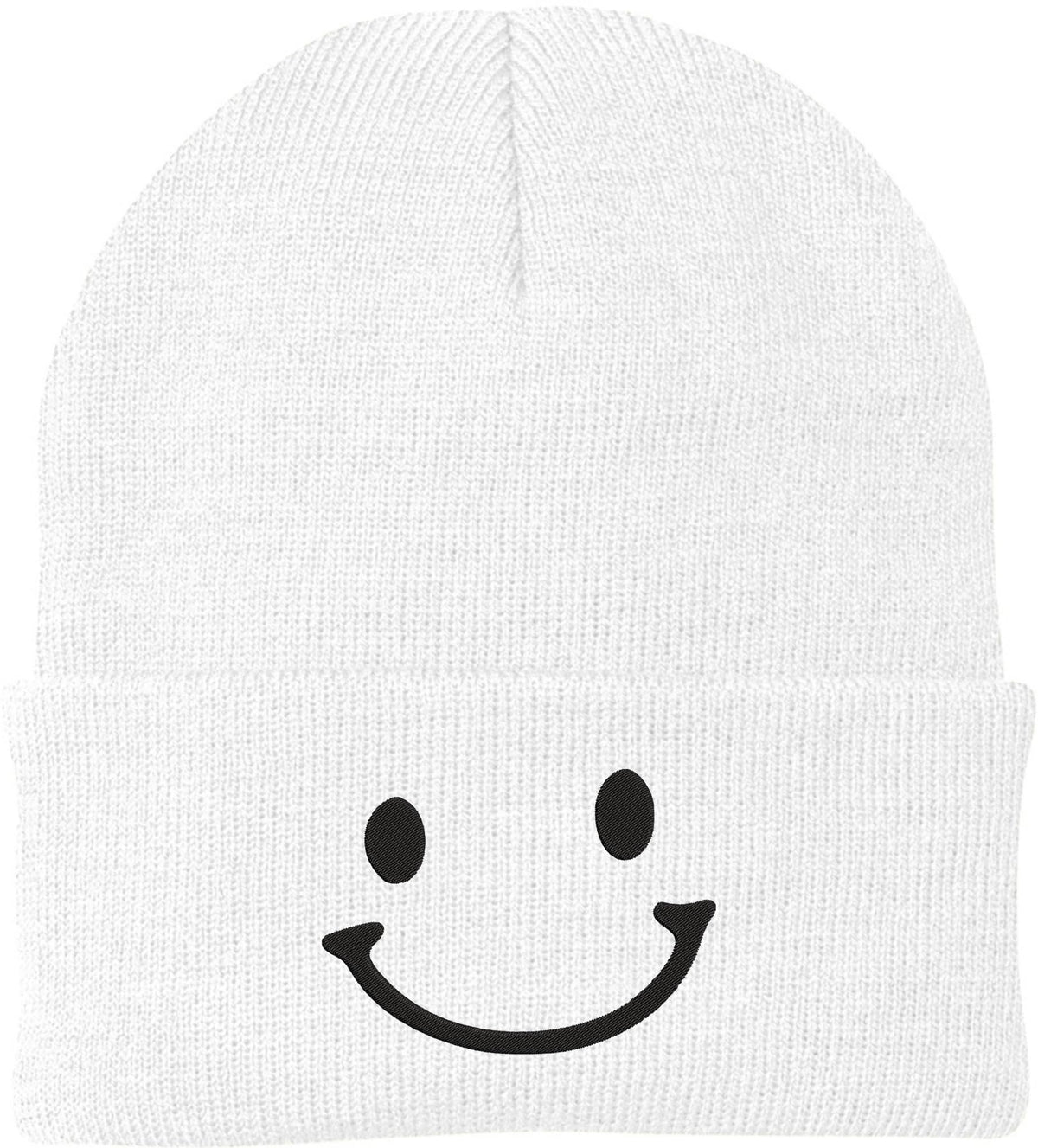 Smiley Face Outline Embroidered Beanie | Cute Knit Winter Hat | Unisex Warm Cuff Skull Cap for Men & Women