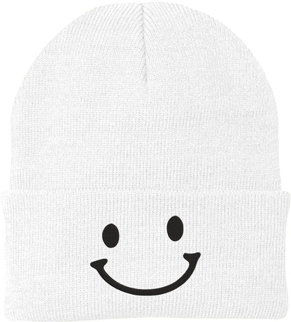Smiley Face Outline Embroidered Beanie | Cute Knit Winter Hat | Unisex Warm Cuff Skull Cap for Men & Women