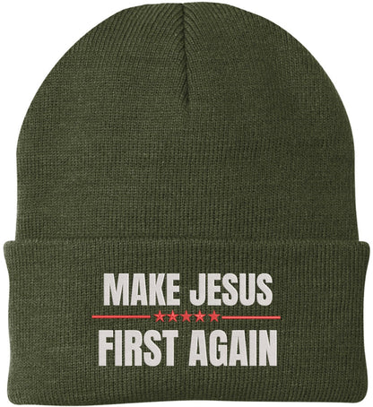 Make Jesus First Again Embroidered Beanie | MAGA Style Warm Knit Winter Skull Cap Religious Christian Hat