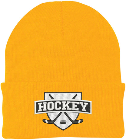 Hockey Embroidered Beanie | Winter Knit Skull Cap with Hockey Graphic | Warm Cuffed Hat for Men & Women