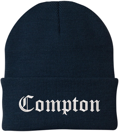 Compton Embroidered Beanie Knit Watch Skull Cap with Old English Letters | Warm Winter Hat