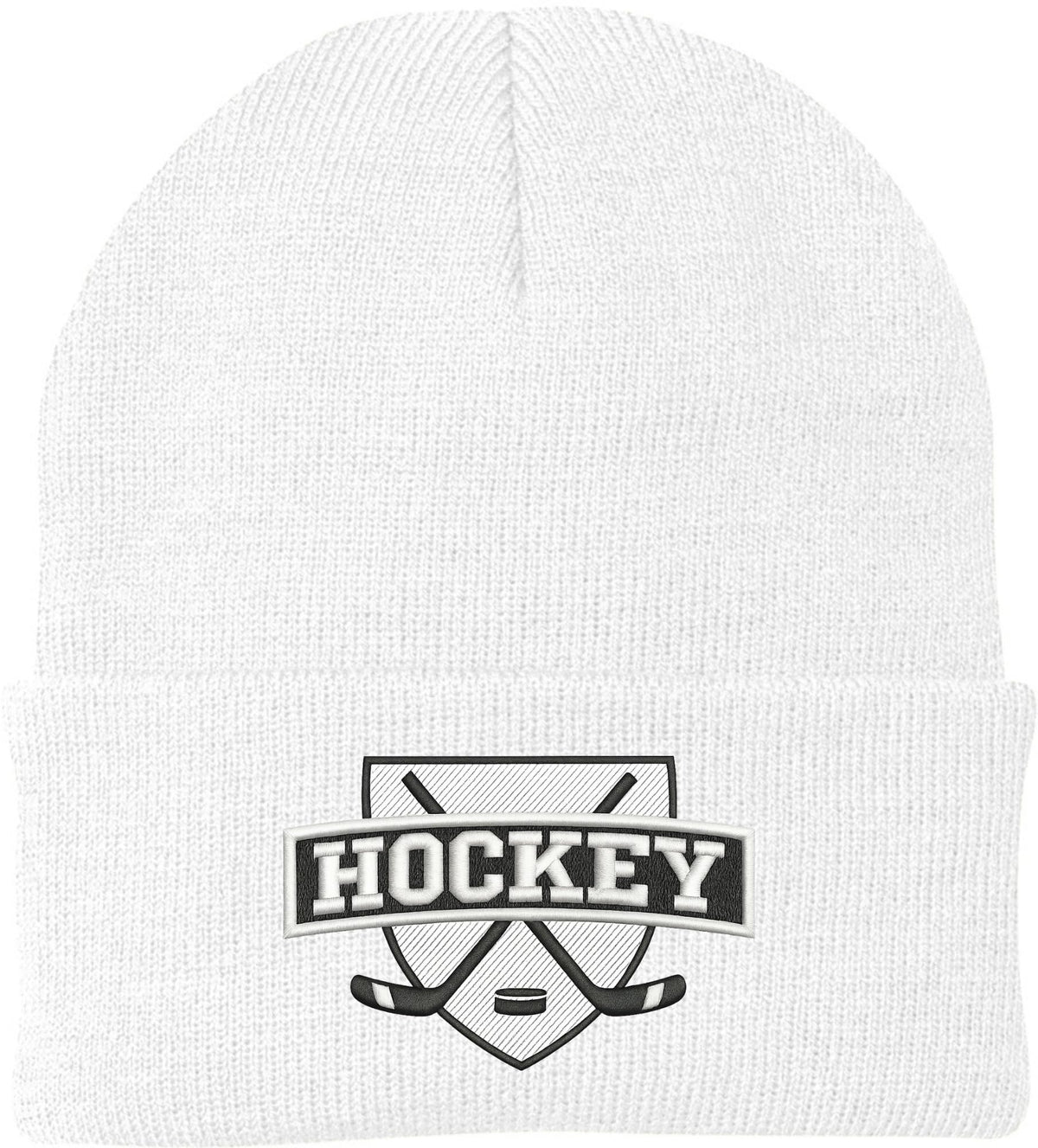 Hockey Embroidered Beanie | Winter Knit Skull Cap with Hockey Graphic | Warm Cuffed Hat for Men & Women