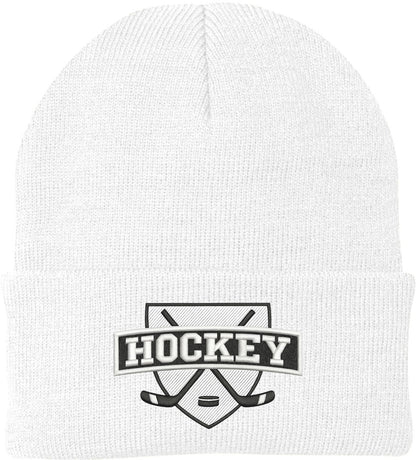 Hockey Embroidered Beanie | Winter Knit Skull Cap with Hockey Graphic | Warm Cuffed Hat for Men & Women