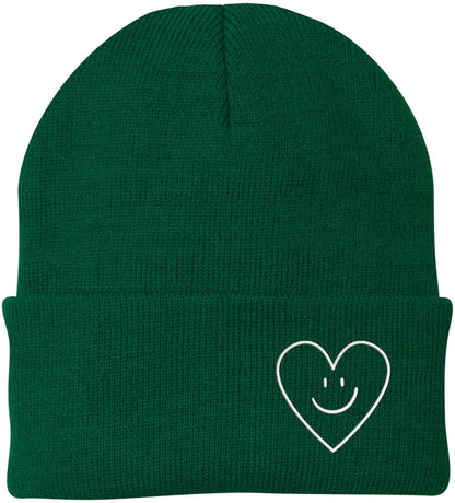 Heart Smiley Face Love Embroidered Beanie - Acrylic Knit Skull Cap