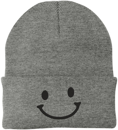 Smiley Face Outline Embroidered Beanie | Cute Knit Winter Hat | Unisex Warm Cuff Skull Cap for Men & Women