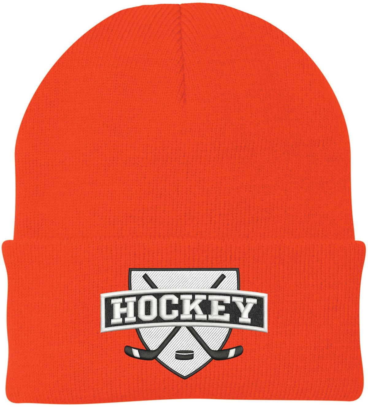Hockey Embroidered Beanie | Winter Knit Skull Cap with Hockey Graphic | Warm Cuffed Hat for Men & Women