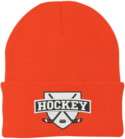 Hockey Embroidered Beanie | Winter Knit Skull Cap with Hockey Graphic | Warm Cuffed Hat for Men & Women