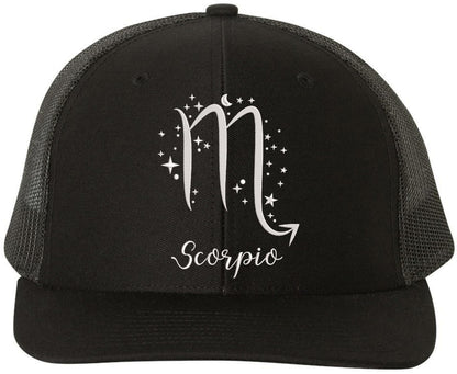 Zodiac Signs Embroidered Trucker Hat | Adjustable Snapback Astrology Horoscope Monthly Symbols Designs Mesh Cap, Black