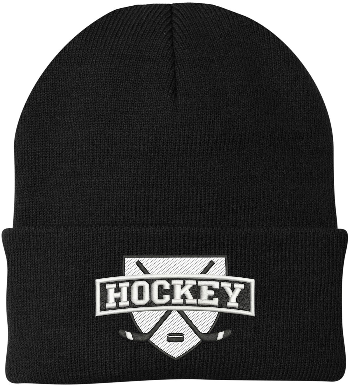 Hockey Embroidered Beanie | Winter Knit Skull Cap with Hockey Graphic | Warm Cuffed Hat for Men & Women